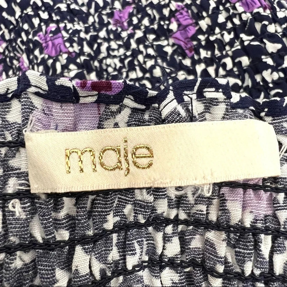 Maje Rappa Floral Print Smocked Puff Sleeve Dress Pockets Navy Purple Size M - Picture 9 of 14